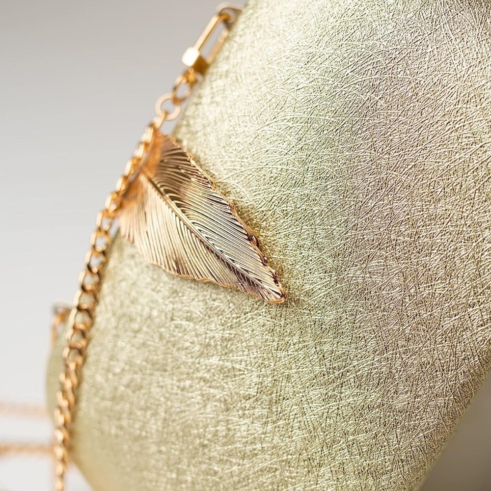 Gold Evening Crossbody Clutch Purse with Gold Leaf Snap Luxury Vegan Leather - Picture 2 of 4